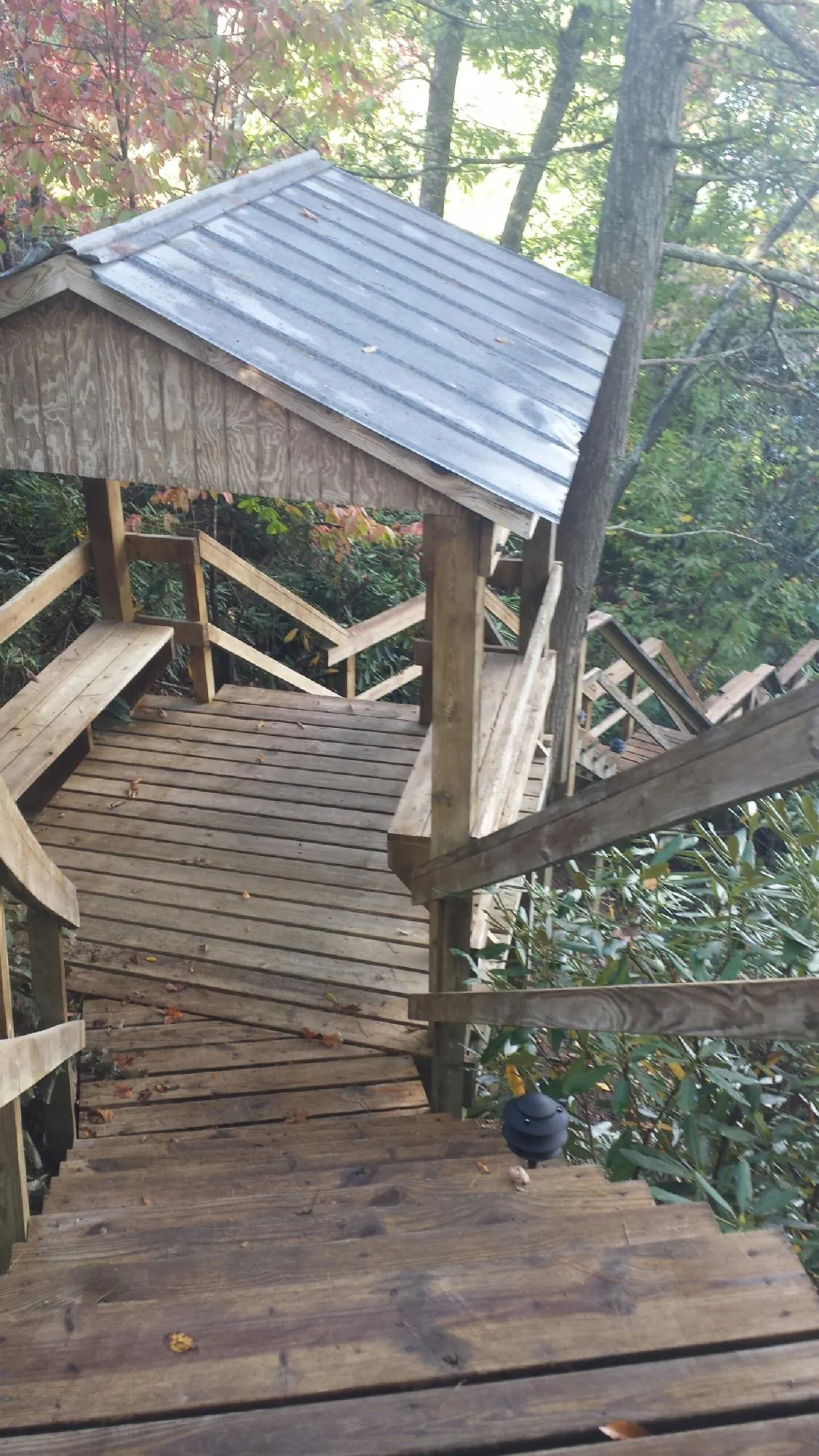 Metal roofed shelter over wooden steps on a wooded walkway — Skylight Repair & Installation work by our crew in Hickory Grove
